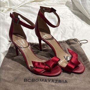 BCBGMaxAzria Red Satin Heels with Bow Detail